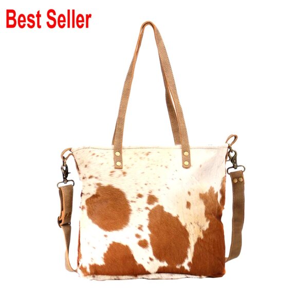 Leather Cowprint Tote Bag with Shoulder Strap